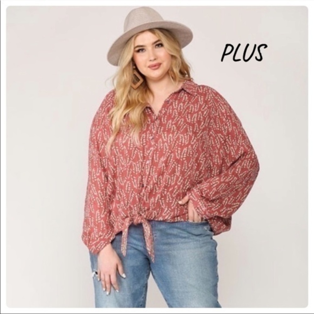 Plus Size Printed Tie Front Blouse